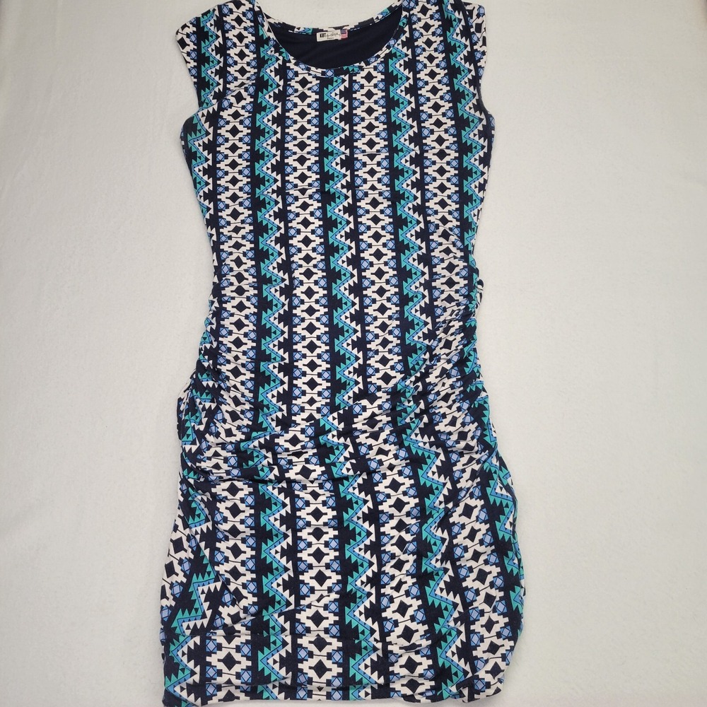 Kut From the Kloth Dress S Bodycon Stretch Fitted Ruched Sides Blue Aztec Print